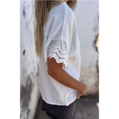 White Crinkled Lace Splicing Sleeve Collared V Neck Blouse