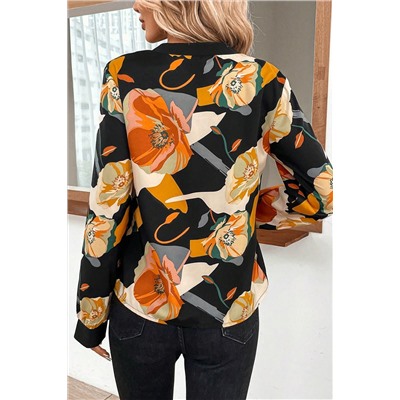 Multicolour Floral Print Split V Neck Blouse