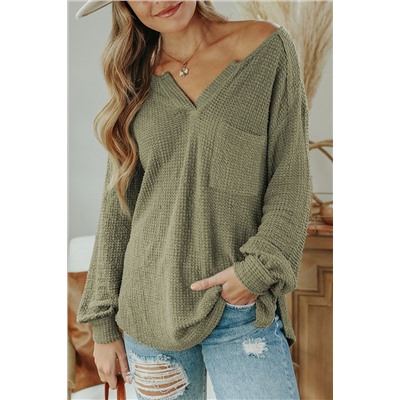 Green Waffle Knit Split Neck Pocketed Loose Top