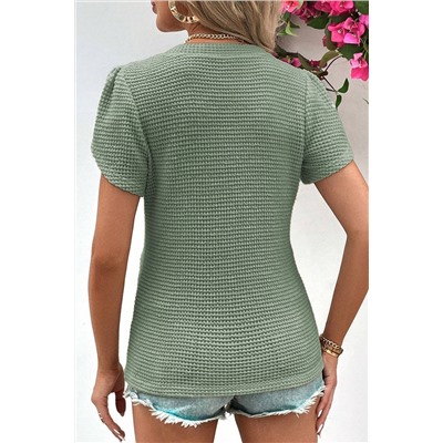 Mist Green V Neck Petal Sleeve Waffle Knit T-Shirt