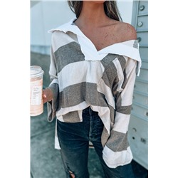 Stripe Oversized Collared Long Sleeve Top