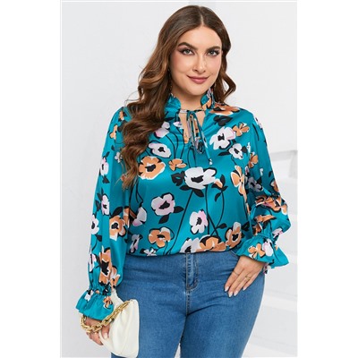 Sky Blue Floral Print V Neck Plus Size Blouse