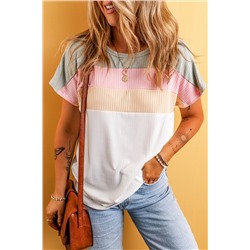 White Ribbed Color Block Patchwork T-shirt