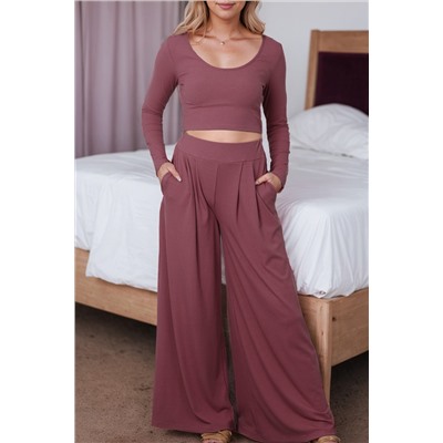 Solid Color Ribbed Crop Top Long Pants Set