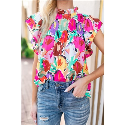 Multicolor Abstract Floral Print Frilled Neck Pleated Blouse