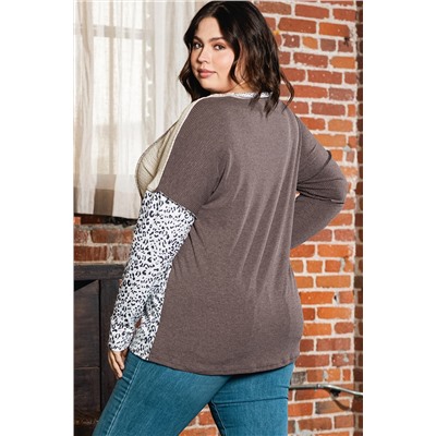 Brown Plus Size Leopard Waffle Ribbed Knit Patchwork Top