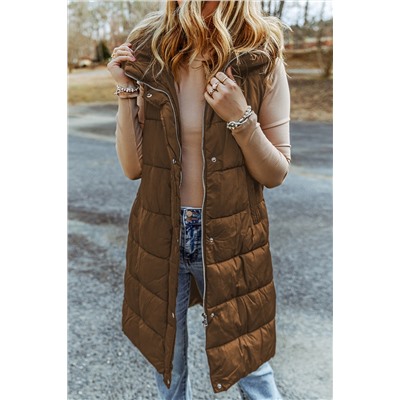 Chestnut Hooded Long Quilted Vest Coat