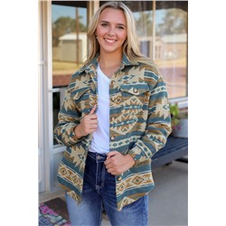 Blue Western Aztec Print Button Flap Pocket Shacket