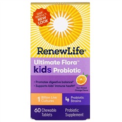 Renew Life, Ultimate Flora Kids Probiotic, Sun-Kissed Orange Flavor, 1 Billion Live Cultures, 60 Chewable Tablets