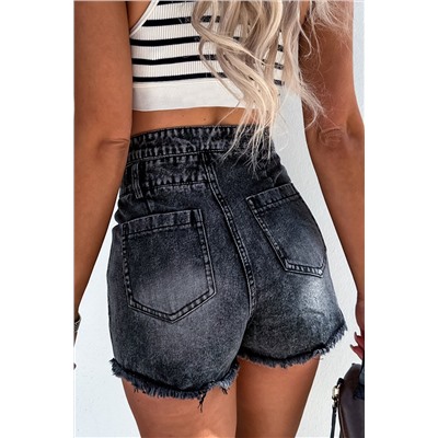 Black High Waist Multi Buttons Raw Edge Denim Shorts