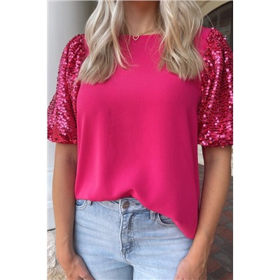 Rose Red Contrast Sequin Puff Sleeve T Shirt