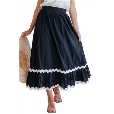 Black Ricrac Trim Colorblock High Waist Long Skirt