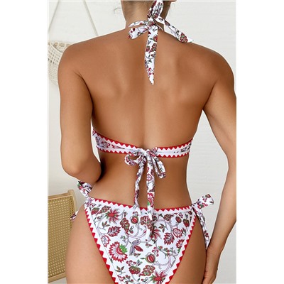 Red Floral Halter O-Ring Backless Knot Bikini Set