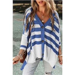 Blue Stripe V Neck Buttoned High Low Sweater Cardigan