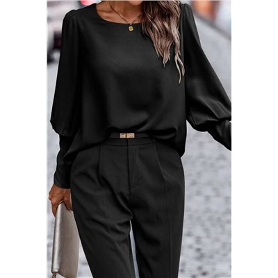 Black Plain Button Back Cuffed Puff Sleeve Blouse