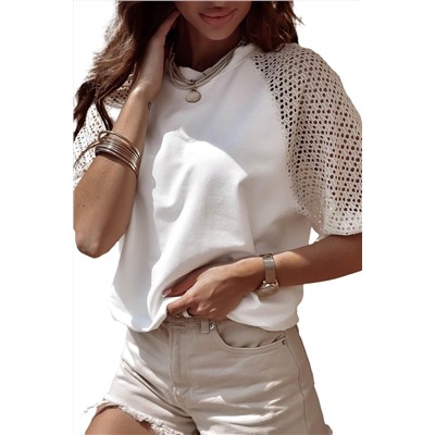 White Pointelle Lace Half Sleeve Crew Neck Tee