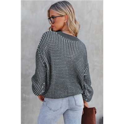 Gray Heathered Knit Drop Shoulder Puff Sleeve Sweater