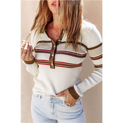 White Rib Knitted Stripe Detail Henley Sweater