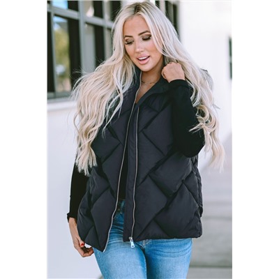 Black Quilted Zipper Front Hooded Vest Coat