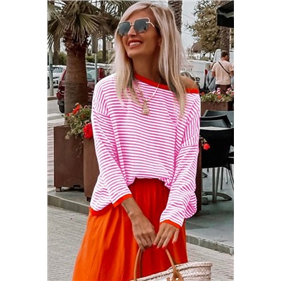 Pink Contrast Trimmed Striped Drop Shoulder Sweater