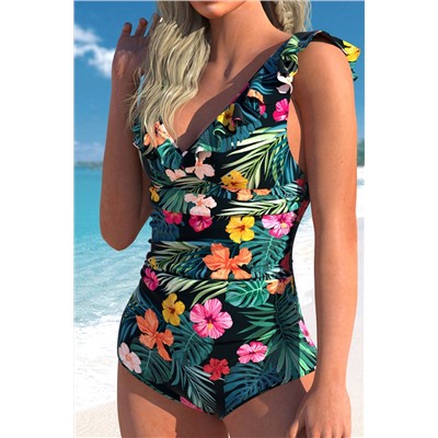 Green Floral Print Ruffled V Neck Ruched One Piece Swimwear