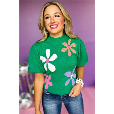 Bright Green Floral Bubble Short Sleeve Sweater