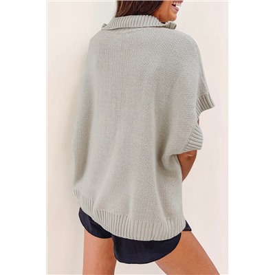 Light Grey Quarter Zip Short Batwing Sleeve Sweater