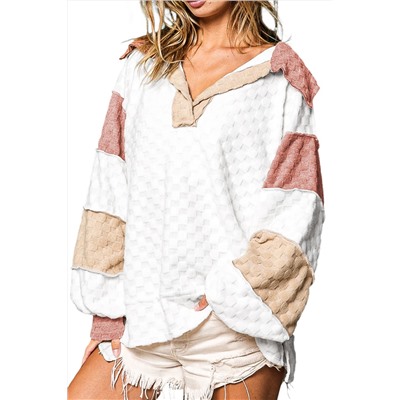 White Plaid Patchwork Exposed Seam V Neck Loose Blouse