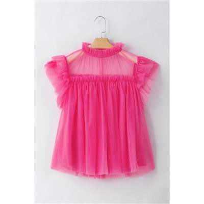 Strawberry Pink Tulle Ruffle Sleeve Flared Babydoll Blouse