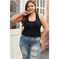 Black Plus Size Zipper Front Racerback Ribbed Tank Top