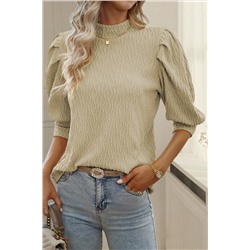 Apricot Vintage Textured Puff Sleeve Mock Neck Top