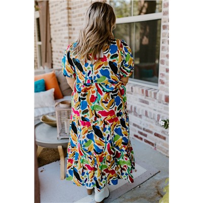 Green Abstract Print Notch Neck Bubble Sleeve Plus Dress