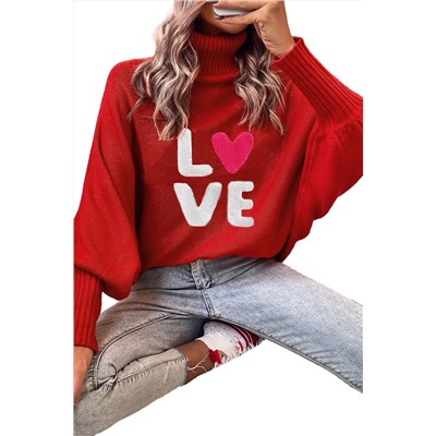 Racing Red Valentine LOVE Letter Embroidered High Neck Sweater