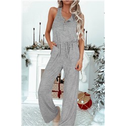 Gray Ribbed Knit Buttons Drawstring Sleeveless Jumpsuit