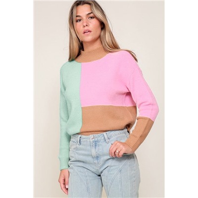 Multicolour Colorblock Mock Neck Ribbed Trim Sweater