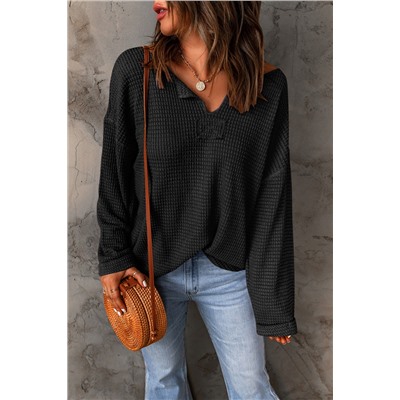 Black Waffle Knit Loose Long Sleeve Top