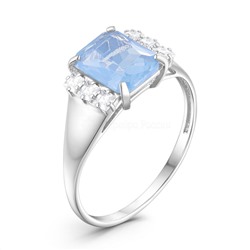Кольцо из серебра с плавленым кварцем цвета лунный голубой и фианитами родированное
