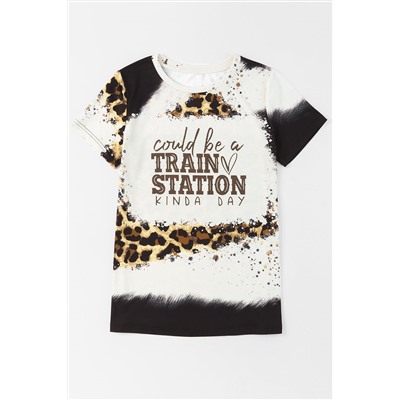 Brown TRAIN STATION Graphic Leopard Print T Shirt