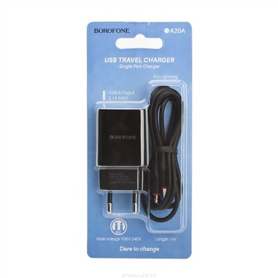 Адаптер Сетевой с кабелем Borofone BA20A Sharp USB 2,1A/10W (USB/Lightning) (black)