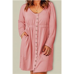 Pink Solid Button Front Plus Size Long Sleeve Dress