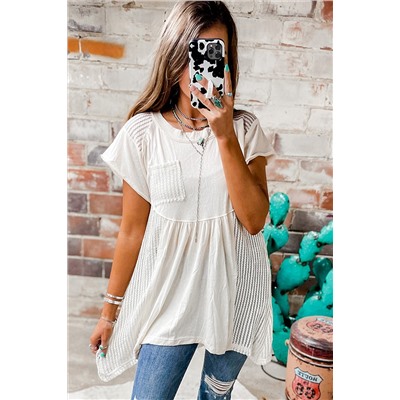 White Hollow Knit Splicing Keyhole Back Tunic Top