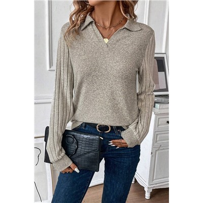 Smoke Gray Solid Color Ribbed Sleeve Collared V Neck Top