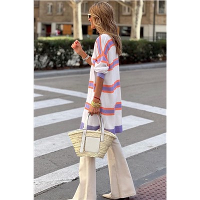 Beige Striped Long Sleeve Ribbed Trim Button Cardigan