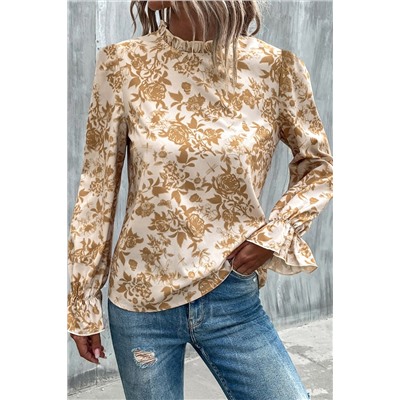 White Floral Print Frilled Neckline Flounce Sleeve Blouse