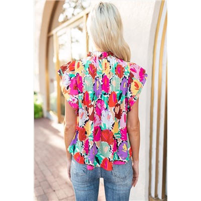 Multicolor Abstract Floral Print Frilled Neck Pleated Blouse