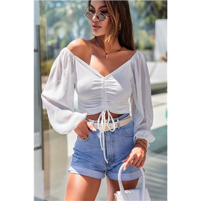 White Drawstring Front Sheer Puff Sleeve Crop Top