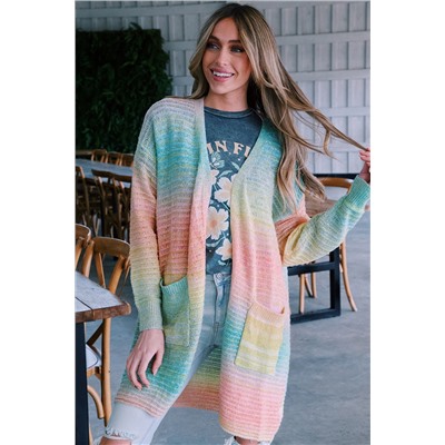 Green  Gradient Knit Open Cardigan with Pockets