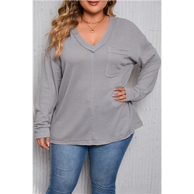 Gray Plus Size V Neck Raw Edge Long Sleeve Top