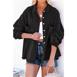 Black Distressed Fringe Trim Denim Jacket