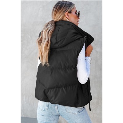 Black Sleek Quilted Puffer Hooded Vest Coat